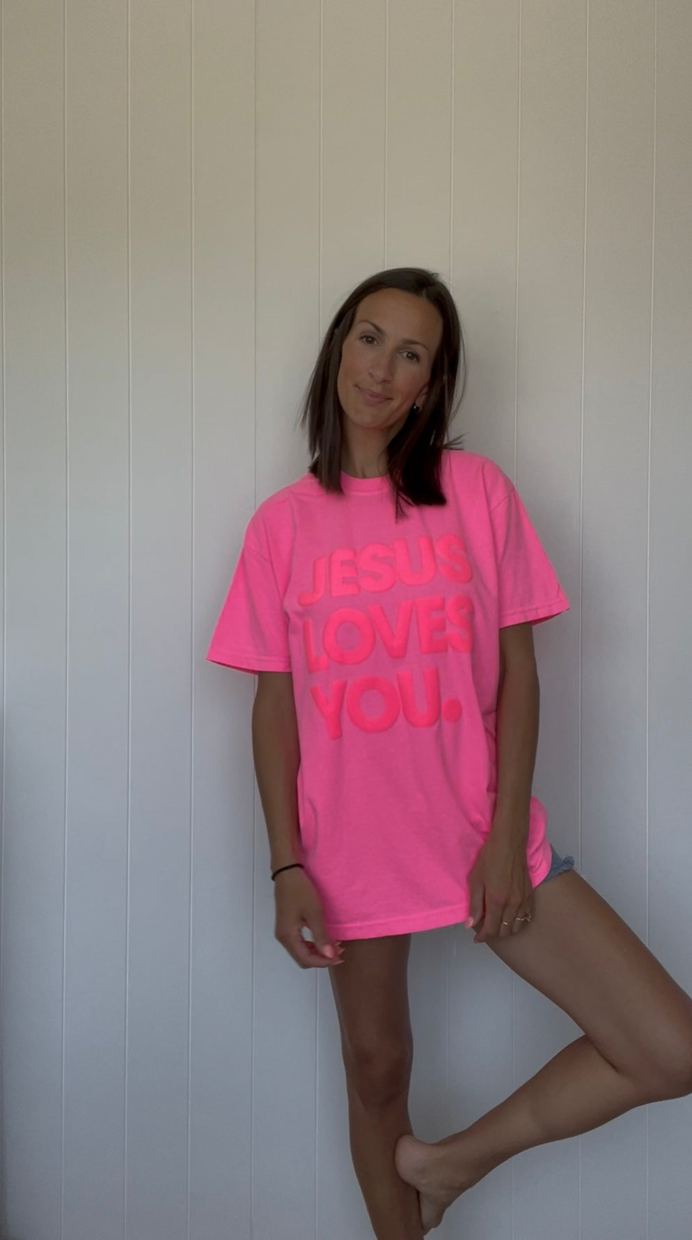 Jesus Loves You (puff lettering) Hot Pink - Tee